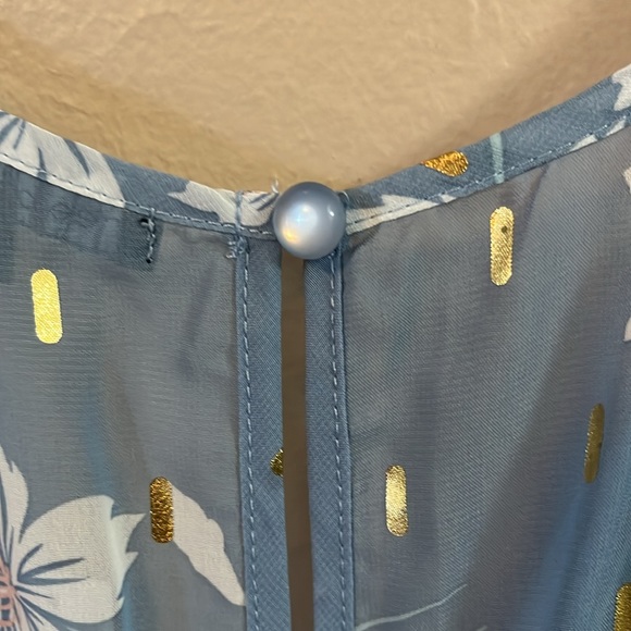 NWT Three Pink Hearts Blue White Gold Floral Faux Wrap Mini Dress S - Picture 9 of 11